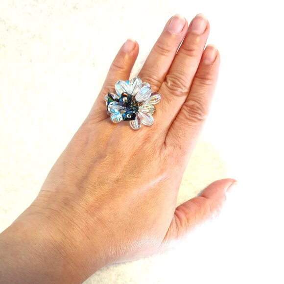 One of A Kind Vintage 1960s Aurora Borealis Glass Cluster Flower Adjustable Ring - Picture 15 of 15